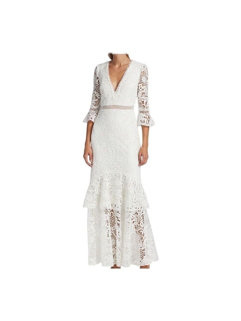 Monique Lhuillier Three-Quarter Sleeve White Lace Trumpet Gown Size 6
